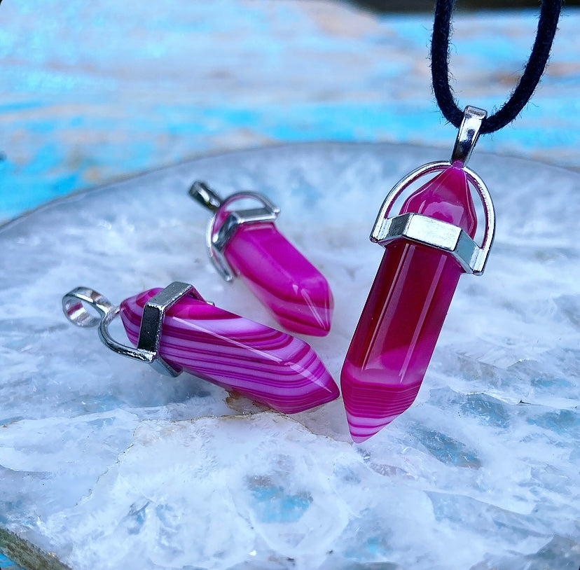 Dubbelpunt hanger roze agaat "Emotioneel Evenwicht"
