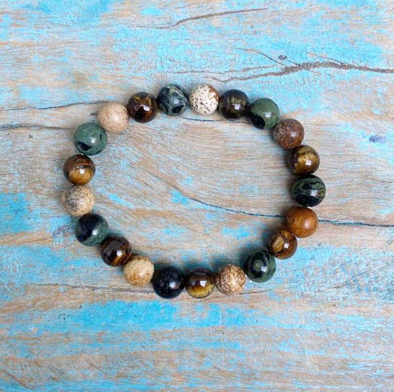 Armband Kambaba Jaspis, Tijgeroog en Landschapsjaspis "Eigen kracht"