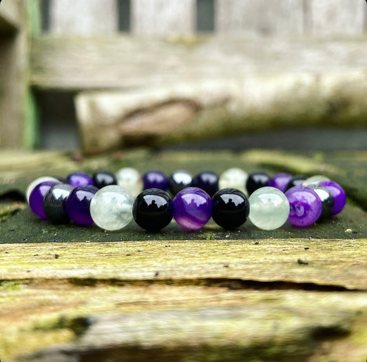 Armband Fluoriet, Onyx, Hematiet en Paarse Agaat "Je Dagelijkse Bioritme"