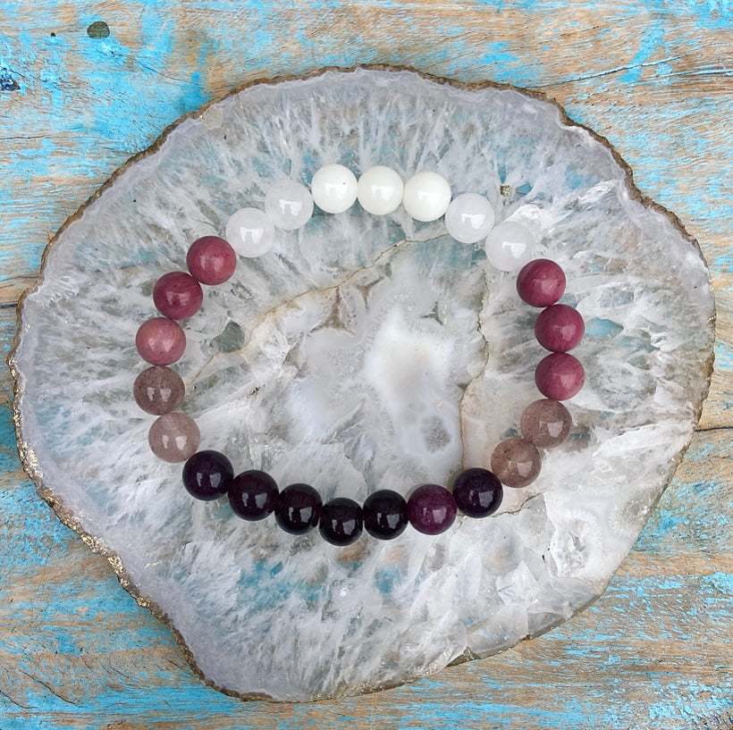 Armband Granaat, Witte Jade, Rhodochrosiet en Robijn "Steuntje in de Rug"