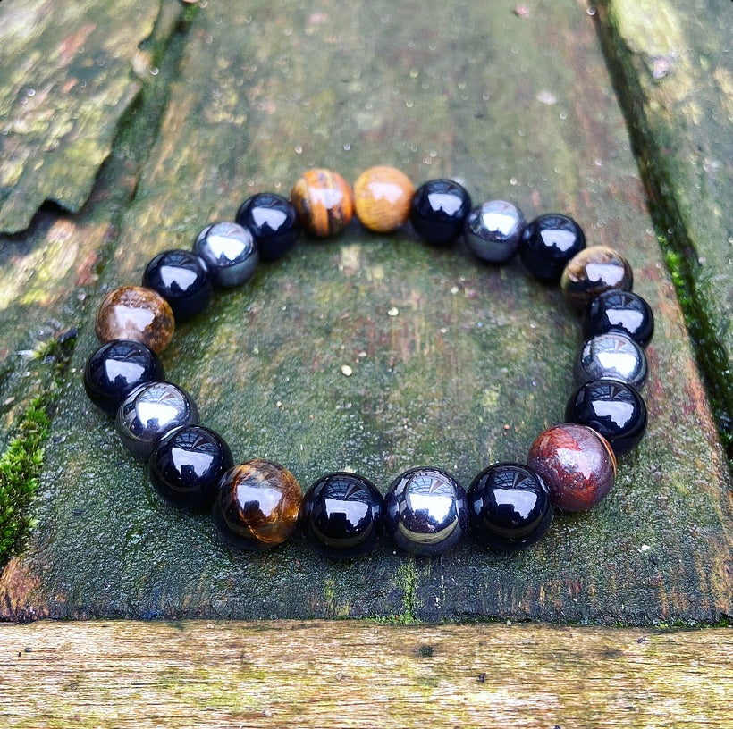 Armband Hämatit, Tigerauge und Obsidian "Dreifachschutz"