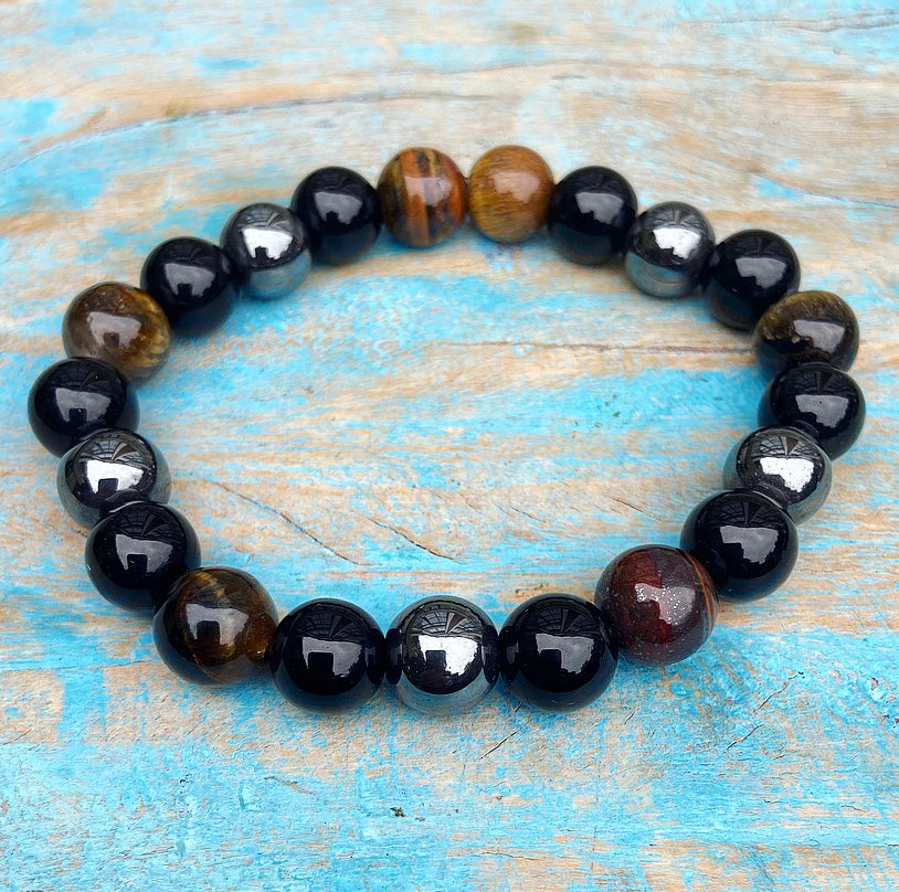 Armband Hämatit, Tigerauge und Obsidian "Dreifachschutz"