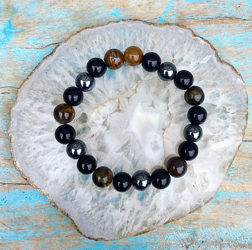 Armband Hämatit, Tigerauge und Obsidian "Dreifachschutz"