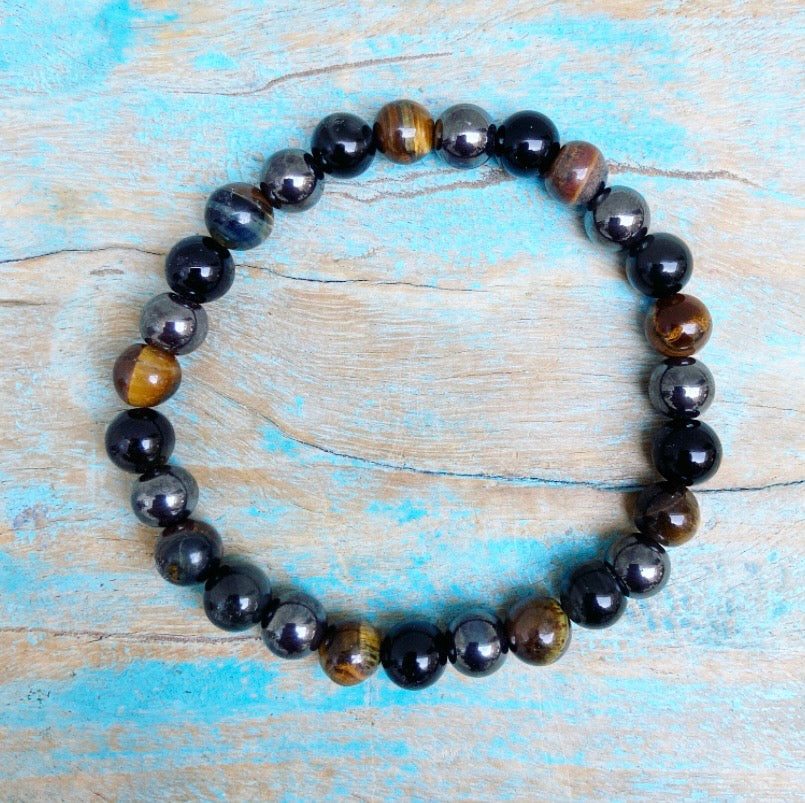 Bracelet Hematite, Tiger's Eye and Obsidian "Triple Protection"