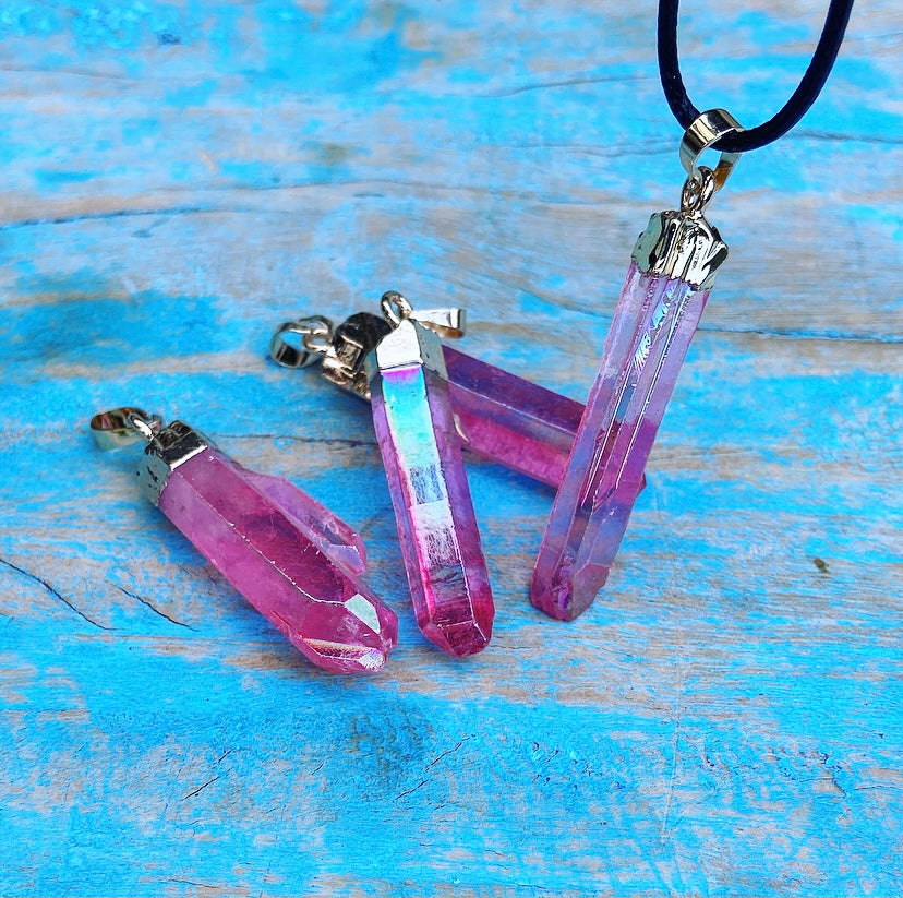 Wenskristal Roze Aura Kwarts "Leven, Liefde, Lachen"