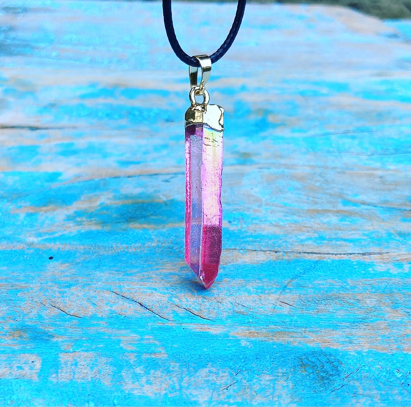 Wenskristal Roze Aura Kwarts "Leven, Liefde, Lachen"