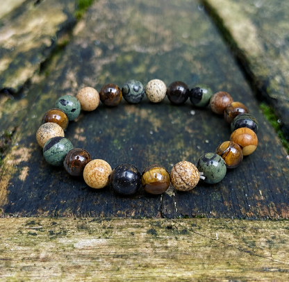 Armband Kambaba Jaspis, Tijgeroog en Landschapsjaspis "Eigen kracht"