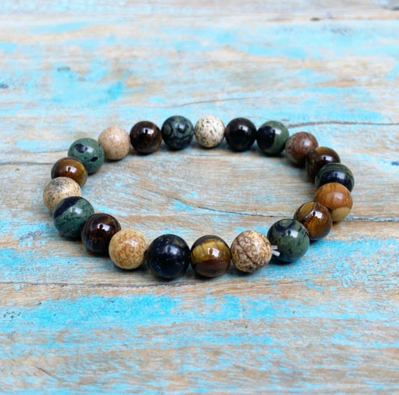 Armband Kambaba Jaspis, Tijgeroog en Landschapsjaspis "Eigen kracht"