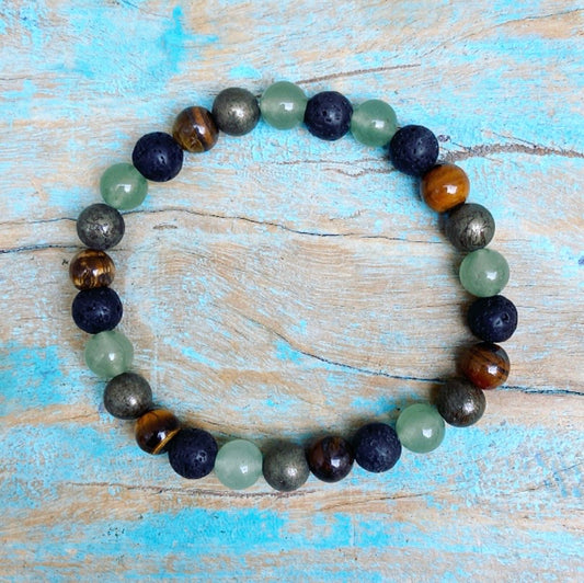 Armband Tijgeroog, Lavasteen, Aventurijn en Pyriet "STEVIG STAAN"