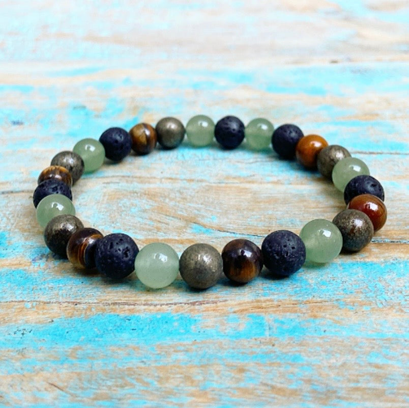 Armband Tijgeroog, Lavasteen, Aventurijn en Pyriet "STEVIG STAAN"