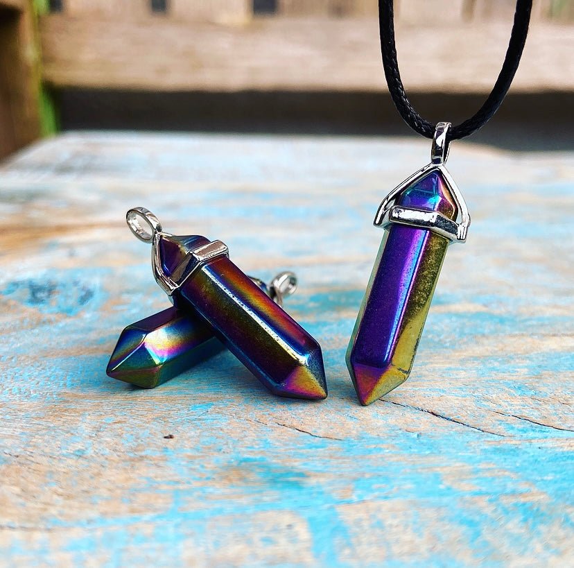 Dubbelpunt hanger Titanium Aura Kwarts "Rainbow Bridge"