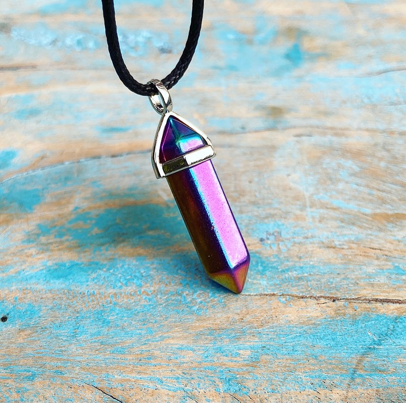 Dubbelpunt hanger Titanium Aura Kwarts "Rainbow Bridge"