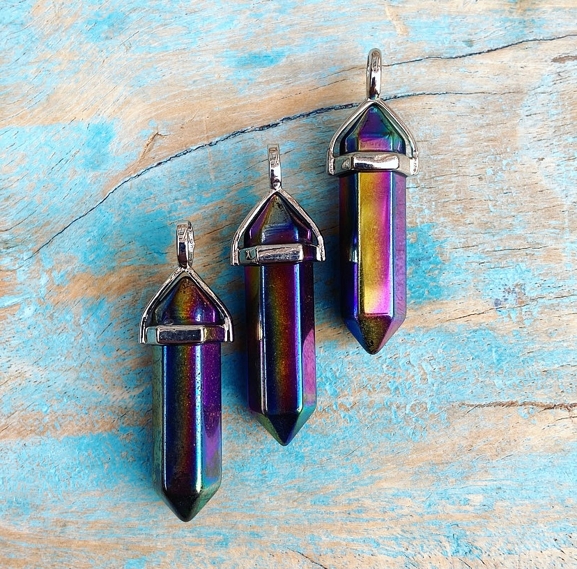 Dubbelpunt hanger Titanium Aura Kwarts "Rainbow Bridge"