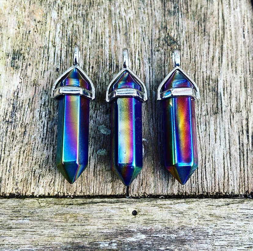 Dubbelpunt hanger Titanium Aura Kwarts "Rainbow Bridge"