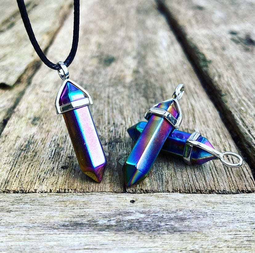 Dubbelpunt hanger Titanium Aura Kwarts "Rainbow Bridge"