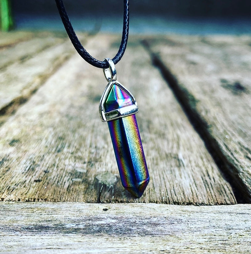 Dubbelpunt hanger Titanium Aura Kwarts "Rainbow Bridge"
