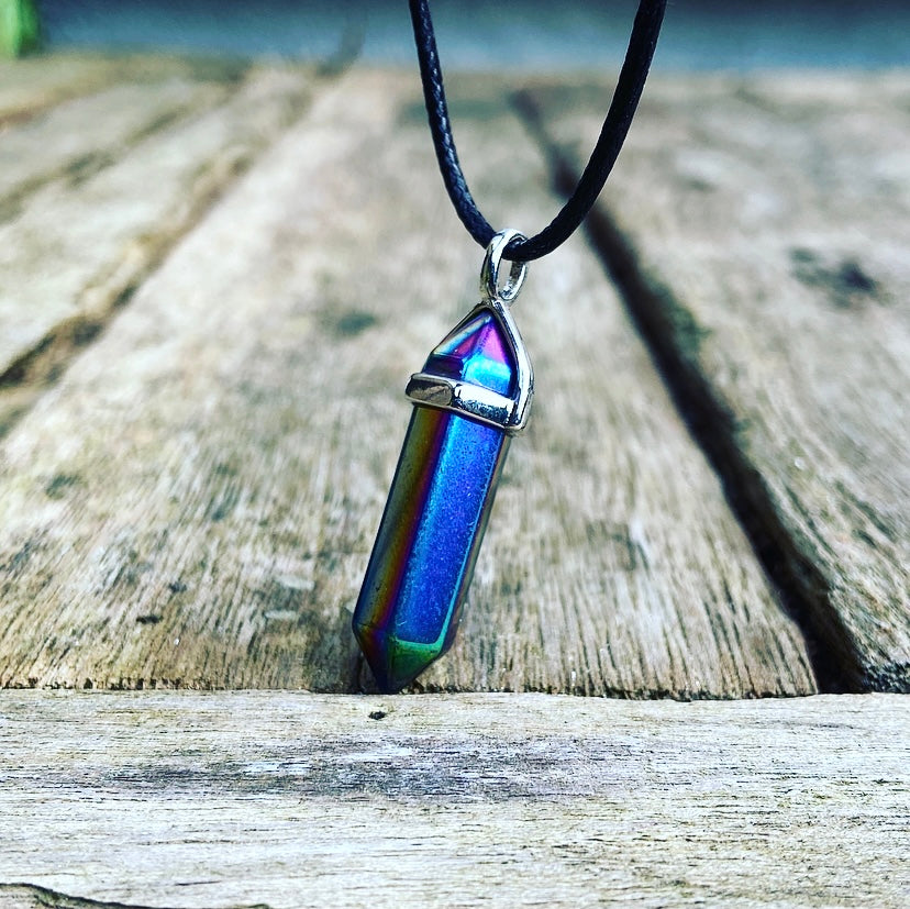 Dubbelpunt hanger Titanium Aura Kwarts "Rainbow Bridge"