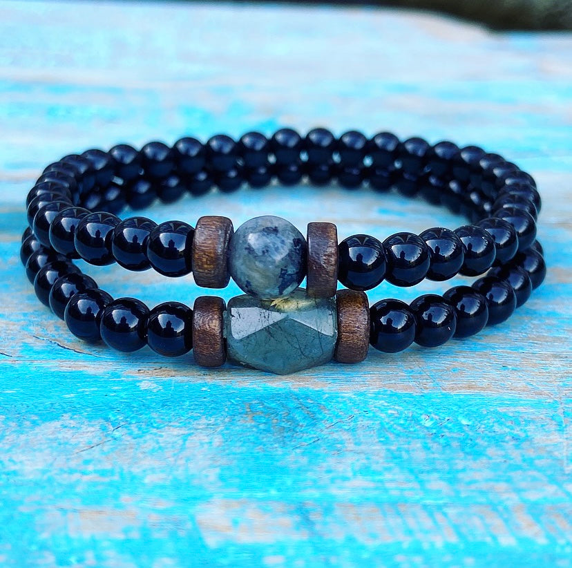 Labradorite &amp; Onyx Bracelet Set "Relax &amp; De-stimulate"