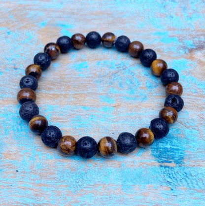 Tijgeroog met Lavasteen armband XL "Beheerste Kracht"