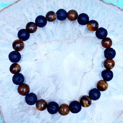 Tijgeroog met Lavasteen armband XL "Beheerste Kracht"