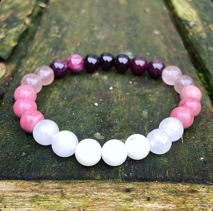 Armband Granaat, Witte Jade, Rhodochrosiet en Robijn "Steuntje in de Rug"