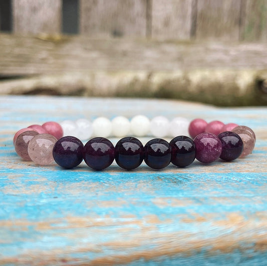 Armband Granaat, Witte Jade, Rhodochrosiet en Robijn "Steuntje in de Rug"