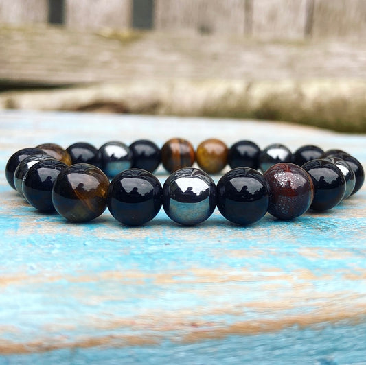 Armband Hematiet, Tijgeroog en Obsidiaan "Triple Protection"