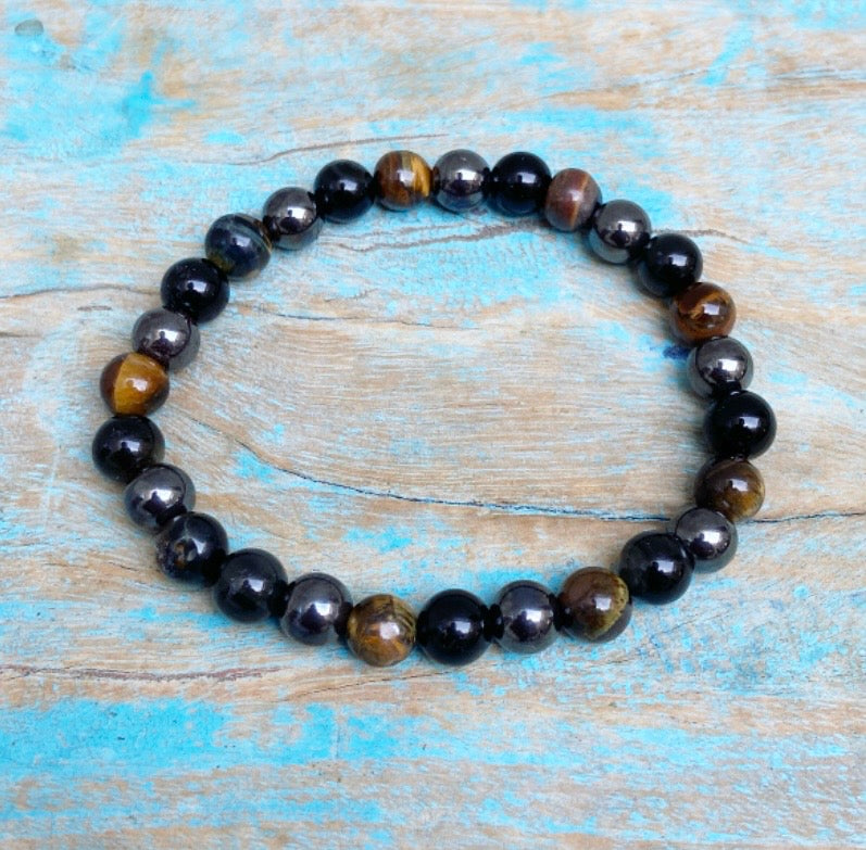 Bracelet Hematite, Tiger's Eye and Obsidian "Triple Protection"
