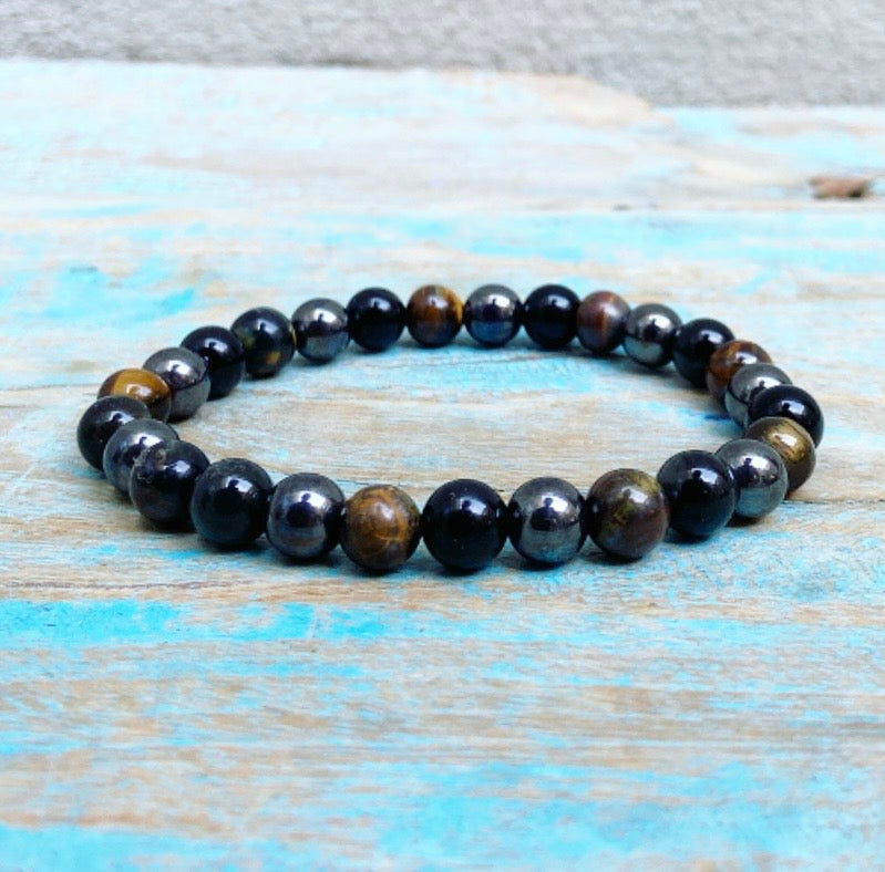Bracelet Hematite, Tiger's Eye and Obsidian "Triple Protection"