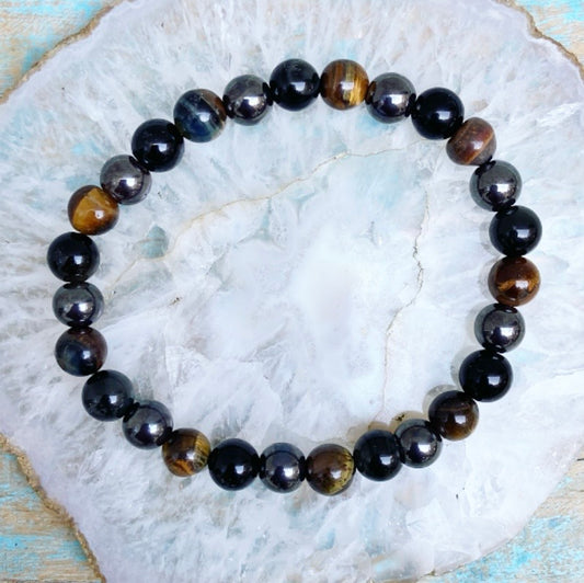 Bracelet Hematite, Tiger's Eye and Obsidian "Triple Protection"