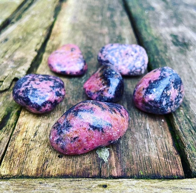 Rhodonite tumbled stone "First Aid for Discomfort"
