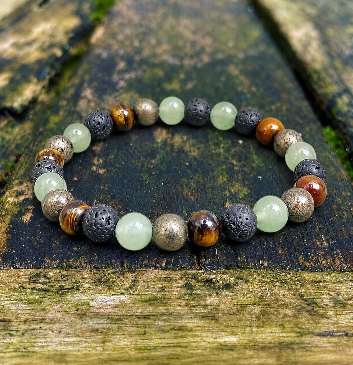 Armband Tijgeroog, Lavasteen, Aventurijn en Pyriet "STEVIG STAAN"